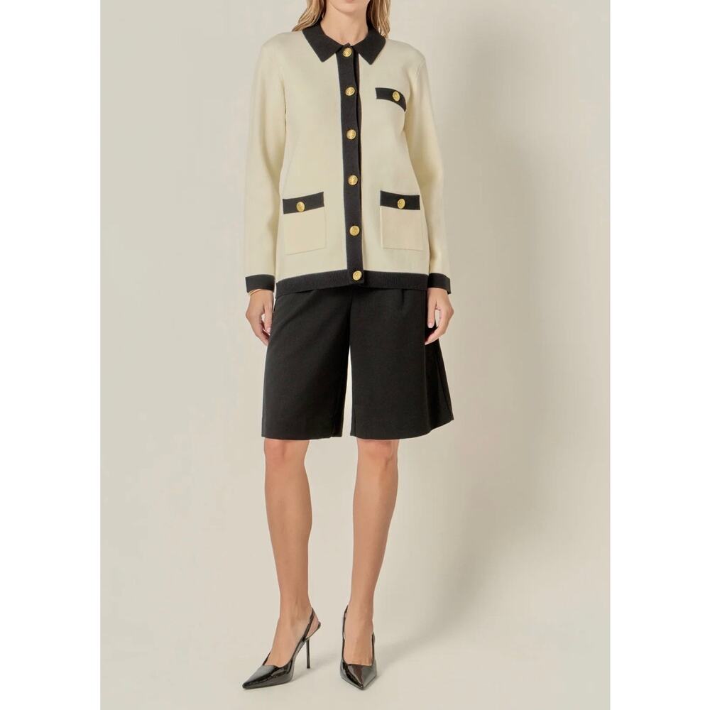 New English factory contrast knit ivory & black cardigan sz M - Picture 2 of 6
